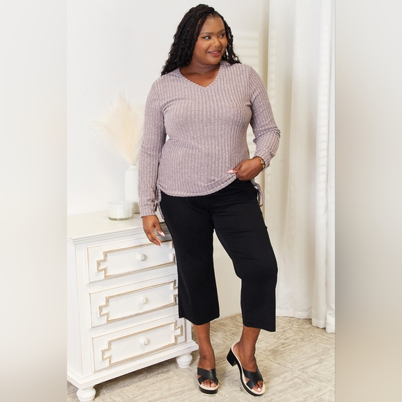 Double Take Drawstring Ribbed Long Sleeve T-Shirt - Picture 8 of 12